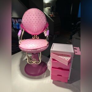 Our generation sitting pretty pink beauty salon 18” doll chair and salon cart.
